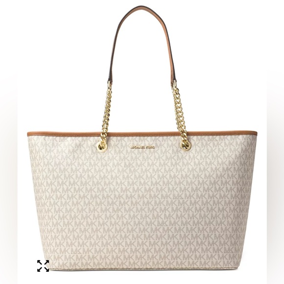 Michael Kors Jet Set Travel Chain Medium Tote – Signature Logo Canvas Tan Trim